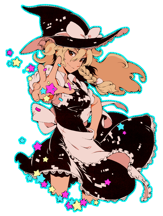 apron, blonde_hair, braid, breasts, hand_on_hip, hat, ichizen_(artist), ichizen_(o_tori), kirisame_marisa, large_breasts, long_hair, smile, smirk, solo, star, touhou, witch_hat, yellow_eyes