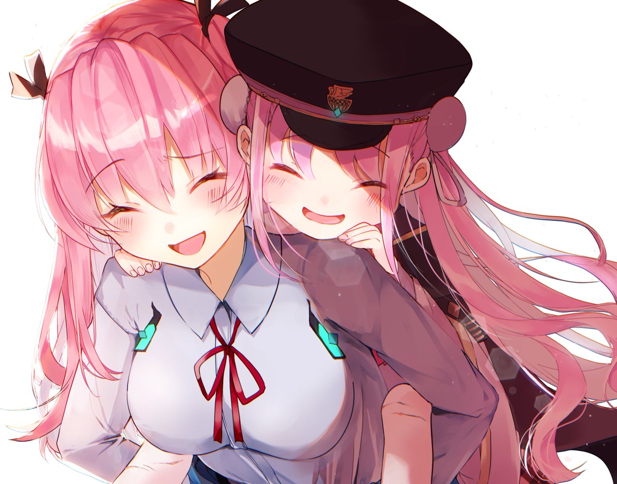 2girls, aikawa_megumi, breasts, closed_eyes, double_bun, green_eyes, hair_bun, happy, haramakiii10, hat, heaven_burns_red, kunimi_tama, large_breasts, long_hair, military_hat, multiple_girls, pink_hair, shirt, thigh-highs, two_side_up, white_shirt, white_thighhighs
