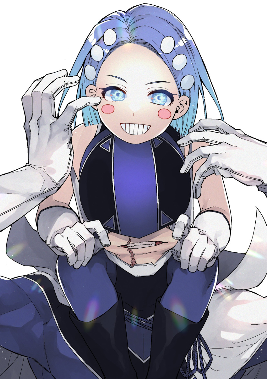 1boy, 1girl, aizome_komachi, black_footwear, black_hair, blue_bodysuit, blue_eyes, blue_hair, blue_keeper, bodysuit, boots, cape, cheek_pull, commentary_request, gloves, haruba_negi, helmet, highres, looking_at_viewer, medium_hair, red_cape, sentai_daishikkaku, sitting_on_shoulder, smile, teeth, white_background, white_gloves