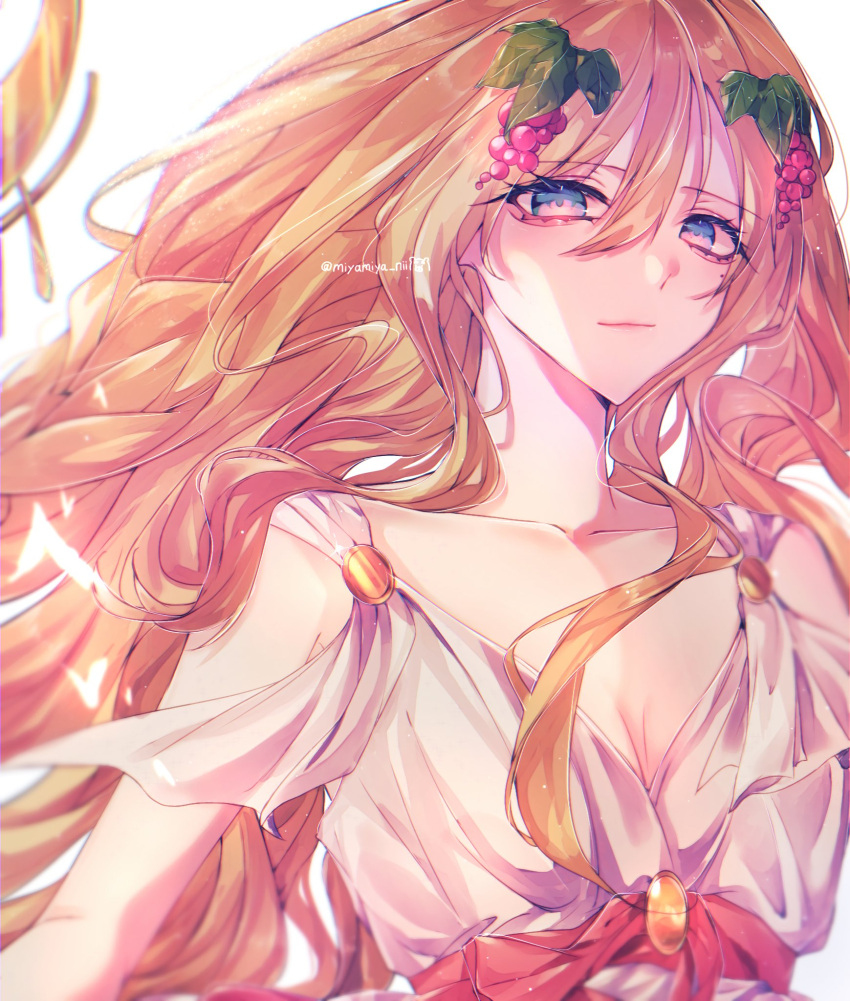 1girl, blonde_hair, blue_eyes, dress, floating_hair, food-themed_hair_ornament, grape_hair_ornament, hair_fruit