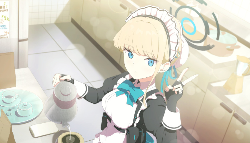1girl, absurdres, aoto_mei, apron, black_dress, black_gloves, blonde_hair, blue_archive, blue_eyes, blue_halo, breasts, bun_cover, closed_mouth, cup, dress, fingerless_gloves, frilled_apron, frills, gloves, hair_bun, halo, highres, indoors, juliet_sleeves, long_sleeves, looking_at_viewer, maid, maid_apron, maid_headdress, medium_breasts, puffy_sleeves, short_hair, single_hair_bun, solo, toki_(blue_archive), v, white_apron