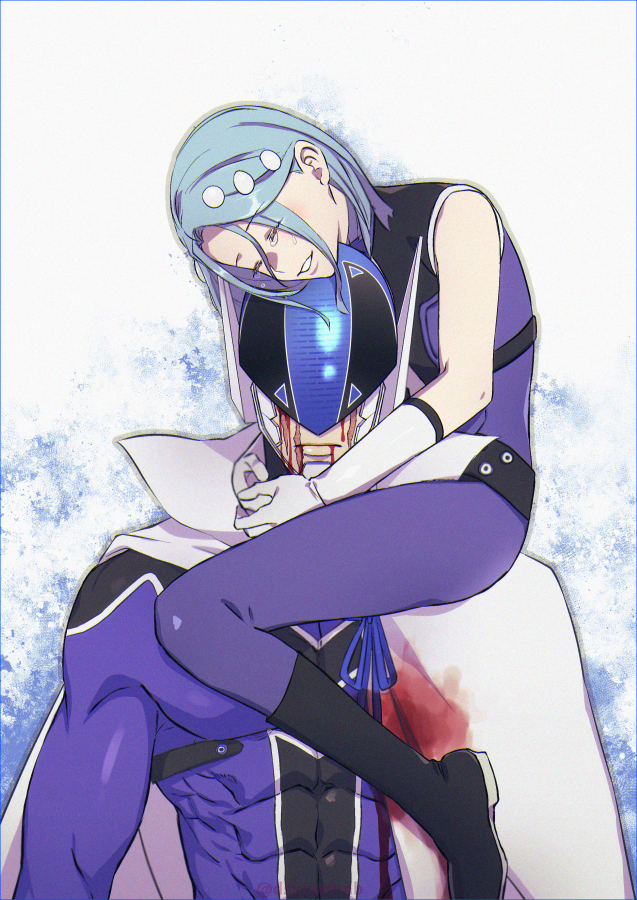 1boy, 1girl, aizome_komachi, bleeding, bleeding_from_forehead, blood, blood_on_clothes, blue_bodysuit, blue_hair, blue_keeper, bodysuit, cape, closed_eyes, closed_mouth, crying, facing_viewer, gloves, hair_ornament, helmet, hug, ka->nya, medium_hair, muscular, muscular_male, sentai_daishikkaku, sidelocks, sitting, smile, spoilers, standing, white_cape, white_gloves