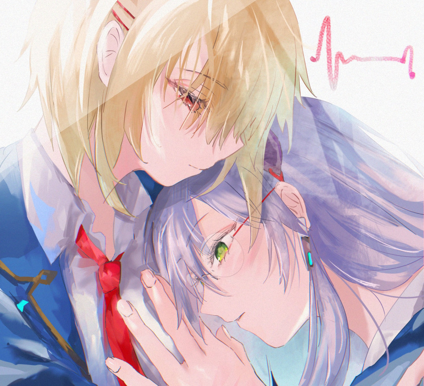 2girls, blonde_hair, blue_jacket, cardiogram, glasses, green_eyes, grey_hair, hair_ornament