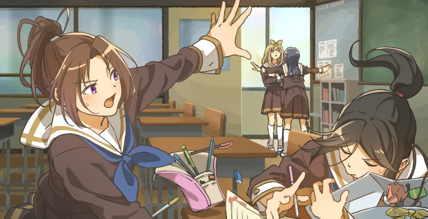 4girls, arm_up, bag, black_hair, blocking_way, brown_eyes, caught, chair