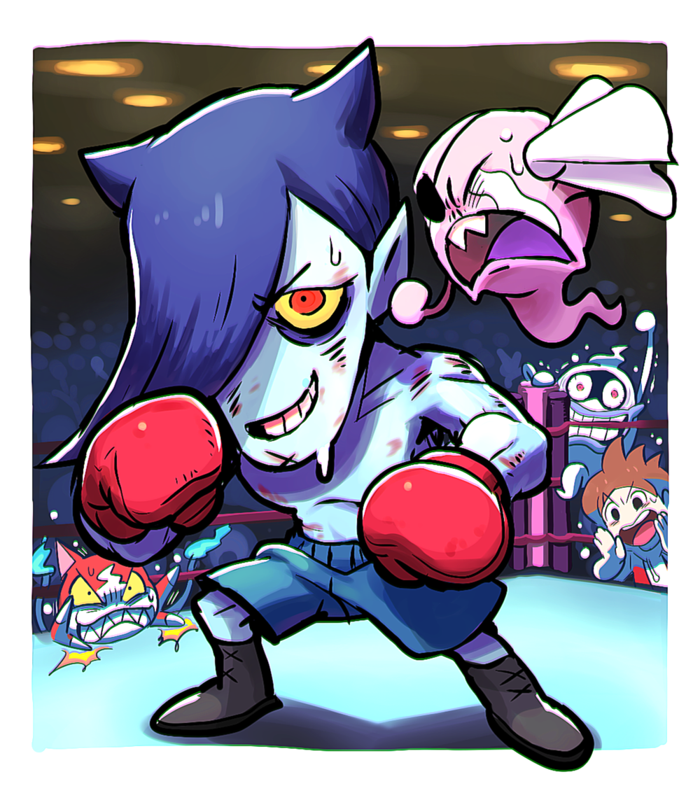 2boys, amano_keita, anno_joe, black_eyes, blue_skin, boxing_gloves, boxing_ring, brown_hair