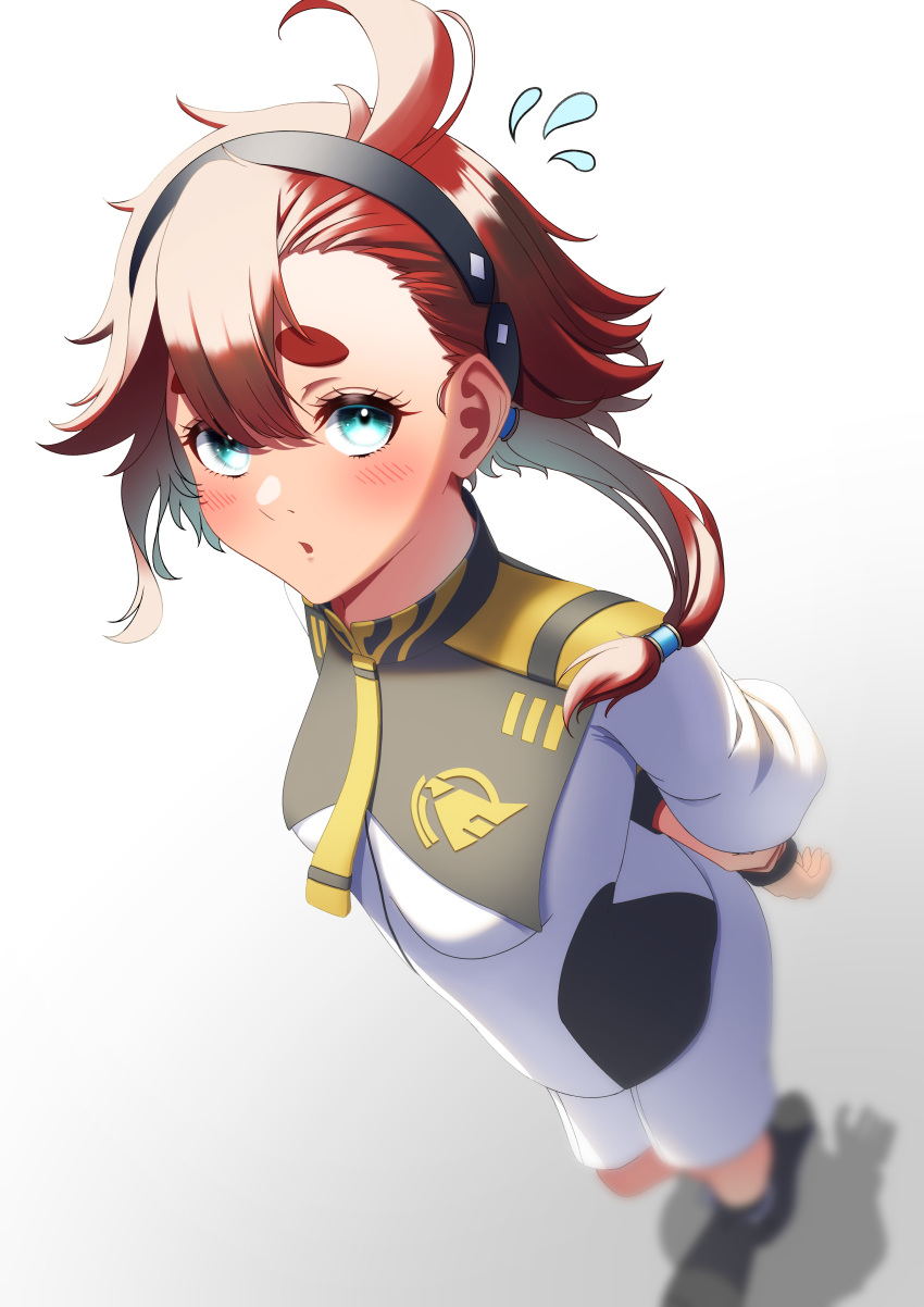 1girl, absurdres, aonoirasuto, arms_behind_back, black_hairband, blush, commentary_request, flying_sweatdrops, from_above, gradient_background, green_eyes, gundam, gundam_suisei_no_majo, hair_between_eyes, hairband, highres, long_hair, long_sleeves, looking_at_viewer, necktie, open_mouth, redhead, shirt, shorts, simple_background, solo, standing, suletta_mercury, thick_eyebrows, uniform, white_background, white_shirt, white_shorts, yellow_necktie