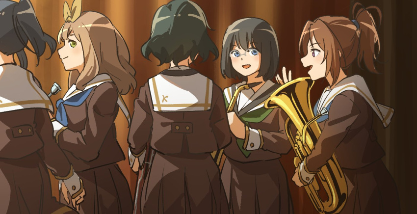 5girls, black_hair, blue_eyes, brown_hair, contrabassoon, euphonium, fuyuhino, glasses