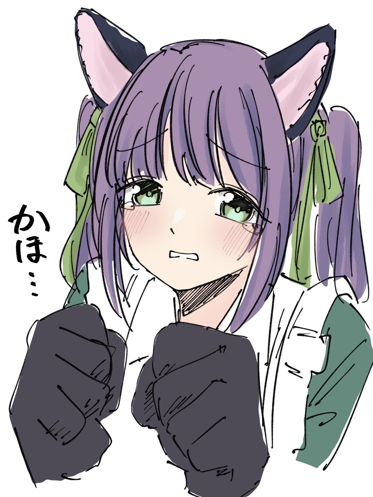 1girl, animal_ear_hairband, animal_ears, animal_hands, apron, ayu_(ayu_illustrate), blush, cat_ear_hairband