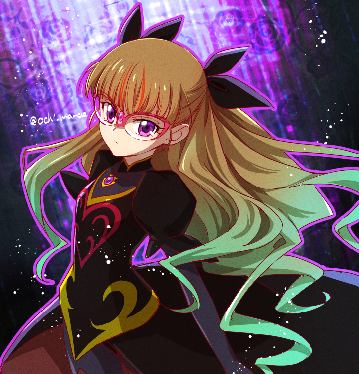 1girl, black_dress, black_ribbon, brown_hair, commentary, dress, glasses, gradient_hair