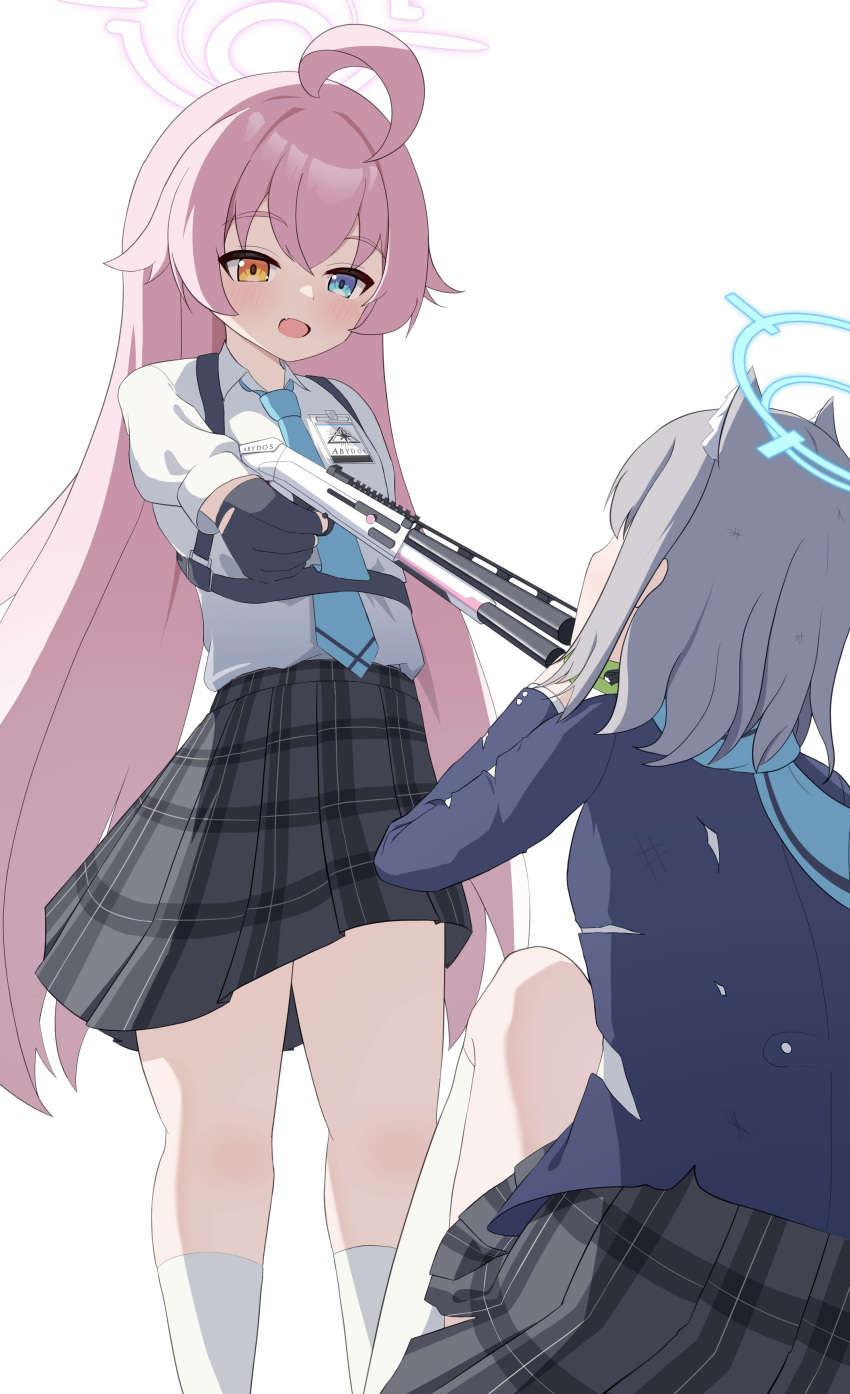 2girls, absurdres, aiming, animal_ear_fluff, animal_ears, black_gloves, blue_archive, blue_halo