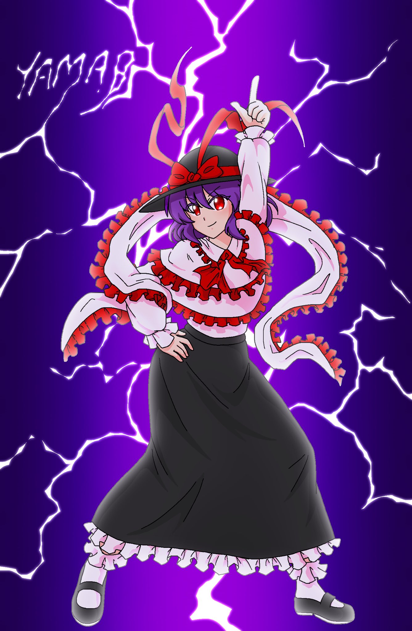 1girl, artist_name, black_footwear, black_hat, black_skirt, bow, capelet, closed_mouth, commentary_request, frilled_shawl, frills, full_body, gradient_background, hand_on_own_hip, hat, hat_bow, highres, index_finger_raised, lightning, long_skirt, long_sleeves, looking_at_viewer, nagae_iku, pointing, pointing_up, purple_background, purple_hair, red_bow, red_eyes, shawl, short_hair, skirt, smile, solo, touhou, v-shaped_eyebrows, white_capelet, yama_b