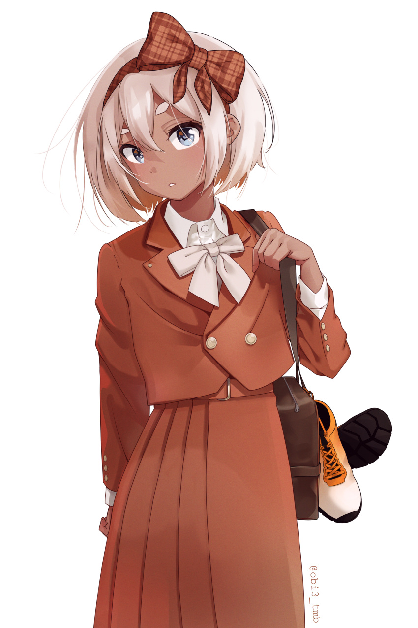 1girl, absurdres, alternate_costume, bea_(pokemon), blue_eyes, bow, brown_bag, brown_jacket, brown_skirt, buttons, collared_shirt, eyelashes, hairband, hand_up, highres, holding_strap, jacket, long_sleeves, looking_at_viewer, obi3, parted_lips, pleated_skirt, pokemon, pokemon_swsh, shirt, shoes, short_hair, simple_background, skirt, solo, twitter_username, uniform, unworn_shoes, white_background, white_shirt