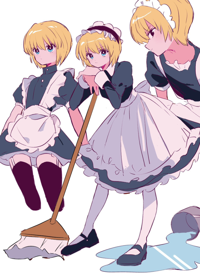 1boy, alternate_costume, androgynous, apron, black_dress, black_shirt, blonde_hair, blue_eyes