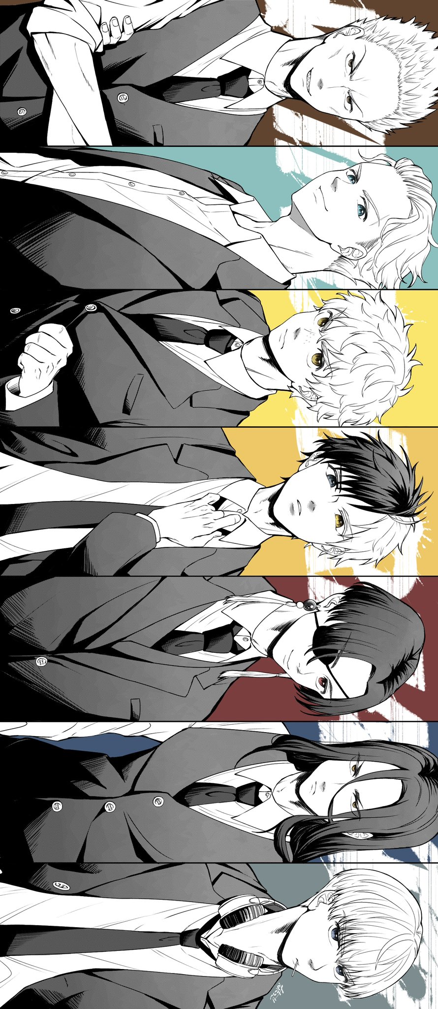 6+boys, blue_eyes, candy, collared_shirt, earrings, eyepatch, food, hair_between_eyes