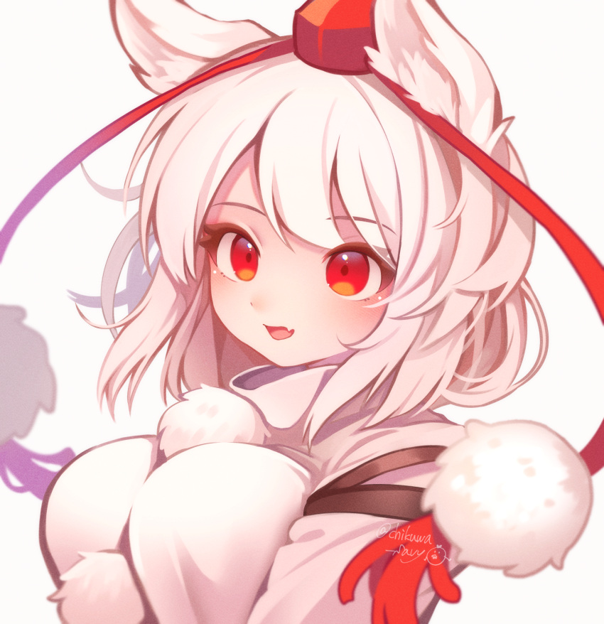 1girl, animal_ears, blush, breasts, chikuwa_savy, fang, hat, highres