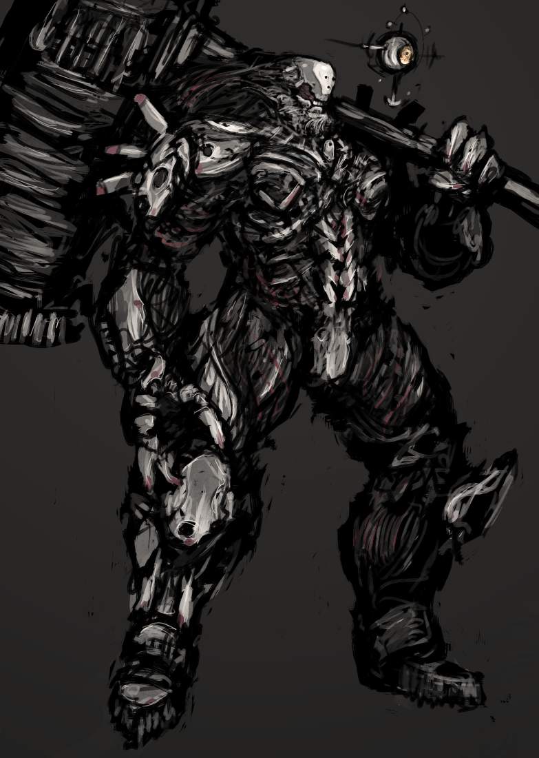 armor, cyclops, eyes, floating, gauntlets, greaves, huge_weapon, male