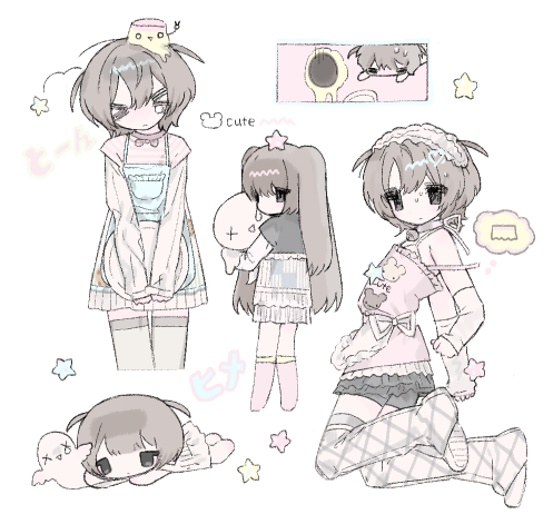 >_<, 1girl, black_eyes, black_shorts, black_skirt, boots, bra, brown_hair, crying, dress, giga_pudding, hairband, hand_up, long_hair, long_sleeves, lowres, multiple_views, original, pink_dress, pink_sweater, pudding_hair_ornament, shirt, shoes, short_hair, short_sleeves, shorts, skirt, sleeveless, sleeveless_dress, sweater, two_side_up, u_emper, underwear, v, very_long_hair, white_bra, white_footwear, white_shirt