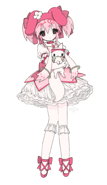 1girl, animal_hat, bubble_skirt, choker, cosplay, creature, dress, frilled_dress, frilled_sleeves, frilled_socks, frills, full_body, hat, holding, holding_creature, kaname_madoka, kaname_madoka_(magical_girl), kyubey, looking_at_viewer, magical_girl, mahou_shoujo_madoka_magica, mahou_shoujo_madoka_magica_(anime), my_melody, my_melody_(cosplay), onegai_my_melody, pink_choker, pink_dress, pink_eyes, pink_footwear, pink_hair, pink_hat, puffy_short_sleeves, puffy_sleeves, rabbit_hat, sanrio, shoes, short_sleeves, short_twintails, sidelocks, skirt, socks, solo, twintails, u_emper, white_socks
