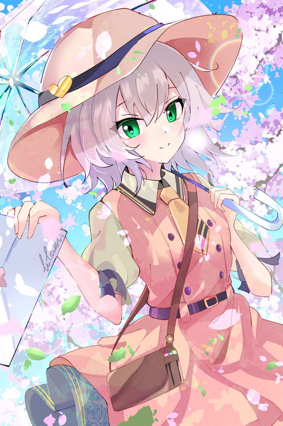 1girl, :3, alternate_costume, bag, belt, black_belt, blurry, blush, brown_bag, brown_dress, brown_hat, cherry_blossoms, closed_mouth, collared_shirt, colored_eyelashes, commentary_request, day, depth_of_field, dress, eyes_visible_through_hair, falling_petals, floating_clothes, floating_hair, green_eyes, grey_hair, hair_between_eyes, handbag, hands_up, hat, hat_ornament, heart, heart_hat_ornament, highres, holding, holding_letter, holding_umbrella, komeiji_koishi, kyuu_cat, lens_flare, letter, love_letter, medium_hair, necktie, orange_necktie, outdoors, petals, puffy_short_sleeves, puffy_sleeves, shirt, short_sleeves, sleeveless, sleeveless_dress, smile, solo, split_mouth, spring_(season), touhou, tsurime, umbrella, under_umbrella, yellow_shirt