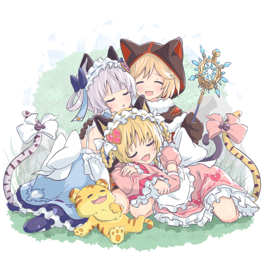 3girls, :d, ^_^, absurdres, animal_ears, animal_hood, bai_(granblue_fantasy), blonde_hair