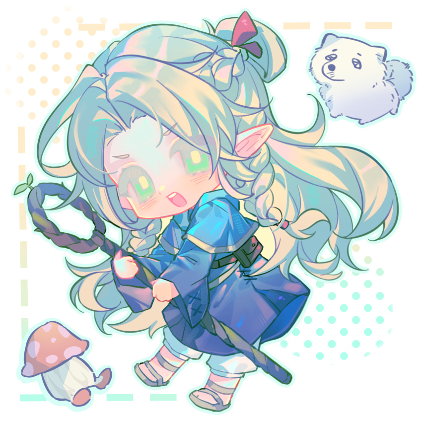 1girl, ambrosia_(dungeon_meshi), belt, belt_pouch, blonde_hair, blue_capelet, blue_robe, braid