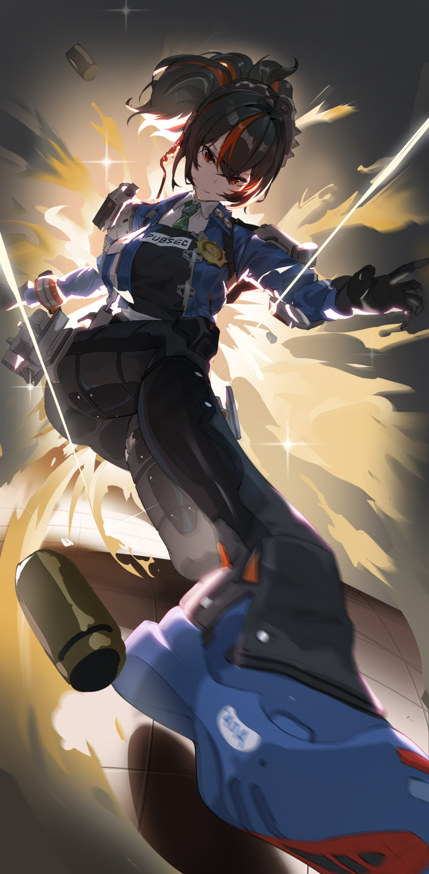 1girl, absurdres, ahoge, black_gloves, black_hair, black_pants, black_vest, blue_footwear