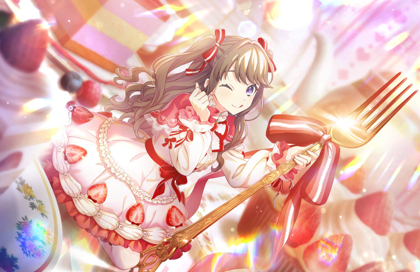 1girl, ;q, blueberry, blurry, blurry_background, blurry_foreground, brown_hair, cake