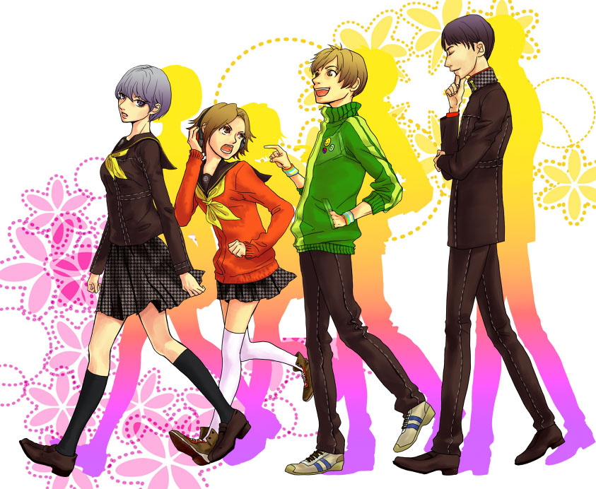 2boys, 2girls, genderswap, hanamura_yousuke, headphones, multiple_boys, multiple_girls, narukami_yuu, persona, persona_4, ryuuko, satonaka_chie, school_uniform, seta_souji, short_hair, thighhighs