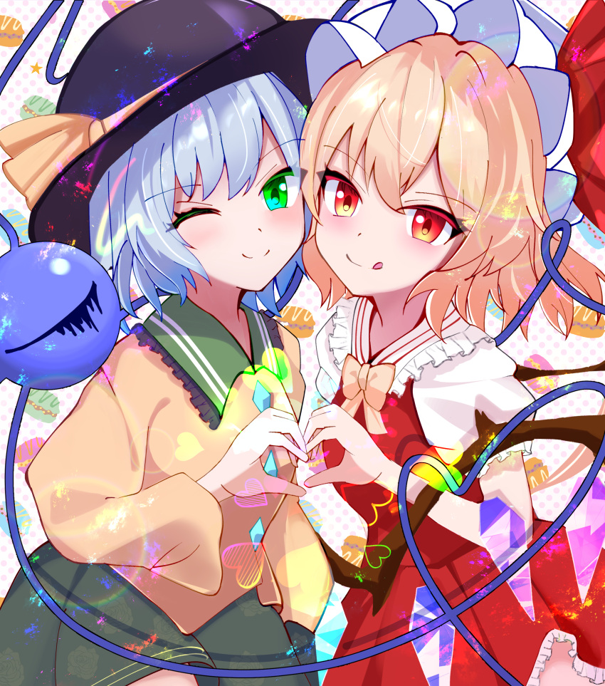 2girls, :q, ;), absurdres, black_hat, blonde_hair, bow, bowtie, buttons, closed_mouth, colored_eyelashes, commentary, cowboy_shot, crystal, diamond_button, eyeball, flandre_scarlet, floral_print, frilled_shirt_collar, frills, green_eyes, green_skirt, grey_hair, hat, hat_ribbon, heads_together, heart, heart_hands, heart_hands_duo, heart_of_string, highres, komeiji_koishi, kyuu_cat, looking_at_viewer, mob_cap, multiple_girls, one_eye_closed, polka_dot, polka_dot_background, print_skirt, puffy_short_sleeves, puffy_sleeves, red_eyes, red_ribbon, red_skirt, red_vest, ribbon, rose_print, shirt, short_sleeves, side-by-side, simple_background, skirt, smile, split_mouth, third_eye, tongue, tongue_out, touhou, trait_connection, tsurime, vest, white_hat, white_shirt, wings, yellow_bow, yellow_bowtie, yellow_ribbon, yellow_shirt