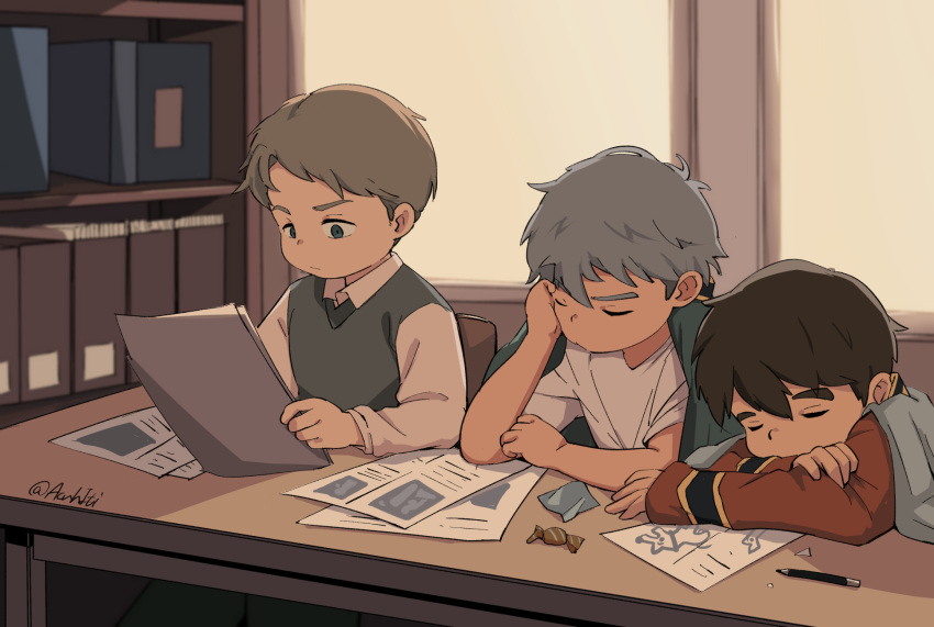 3boys, acnhiti, black_hair, blue_eyes, bookshelf, candy, candy_wrapper, child, closed_eyes, collared_shirt, food, grey_hair, head_on_table, head_rest, highres, indoors, long_sleeves, male_focus, multiple_boys, original, paper, pencil, reading, red_shirt, shirt, short_hair, short_sleeves, sleeping, sweater_vest, t-shirt, table, twitter_username, white_shirt, window