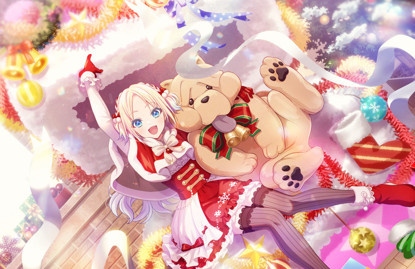 1girl, :d, bell, black_thighhighs, blonde_hair, blue_eyes, blue_hair, boots