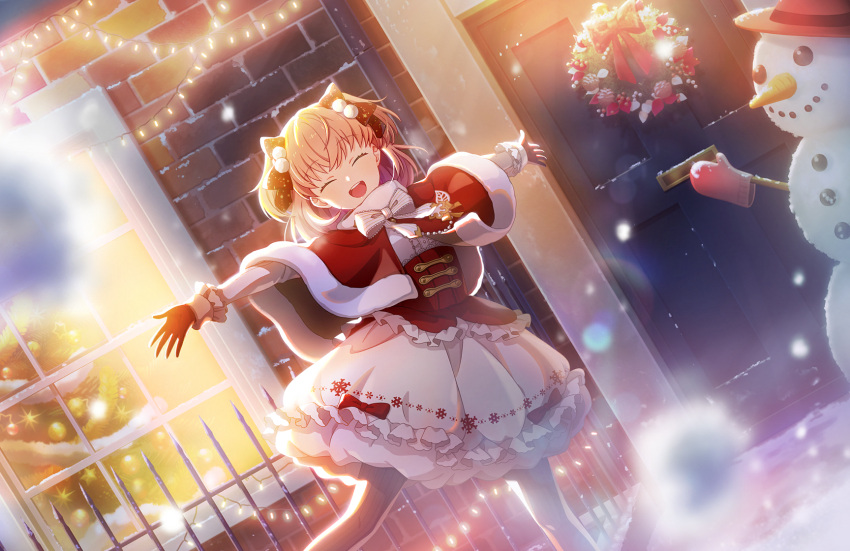 ^_^, black_pantyhose, blurry, blurry_foreground, bow, brick_wall, capelet, carrot