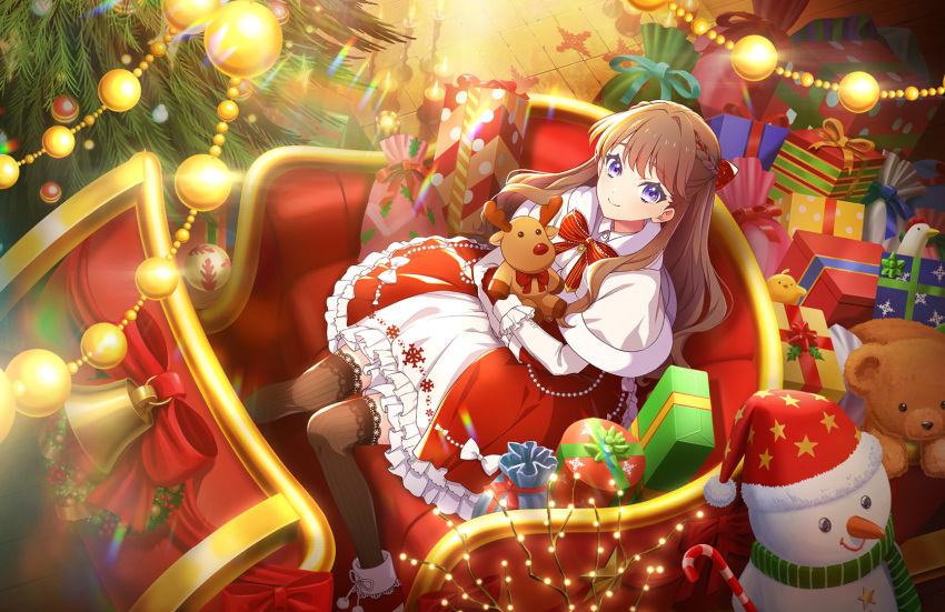 1girl, bell, black_thighhighs, boots, bow, brown_hair, candle, candy