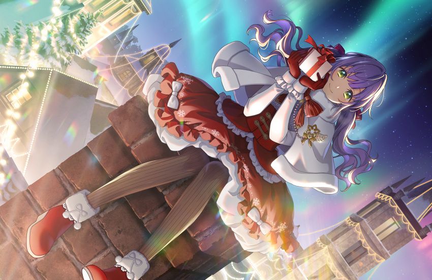 1girl, aurora, black_pantyhose, boots, bow, capelet, center_frills, chimney