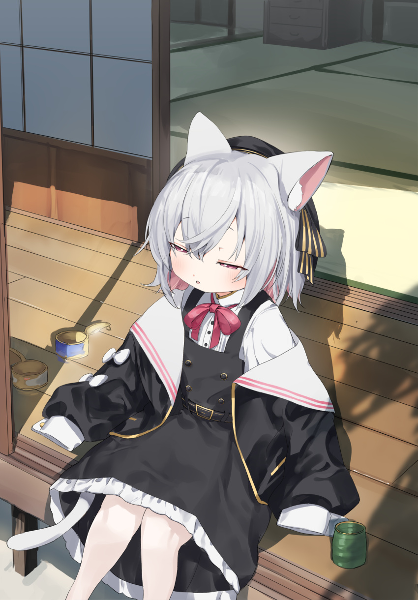 1girl, after_meal, animal_ears, belt, black_dress, black_hat, black_jacket, bow