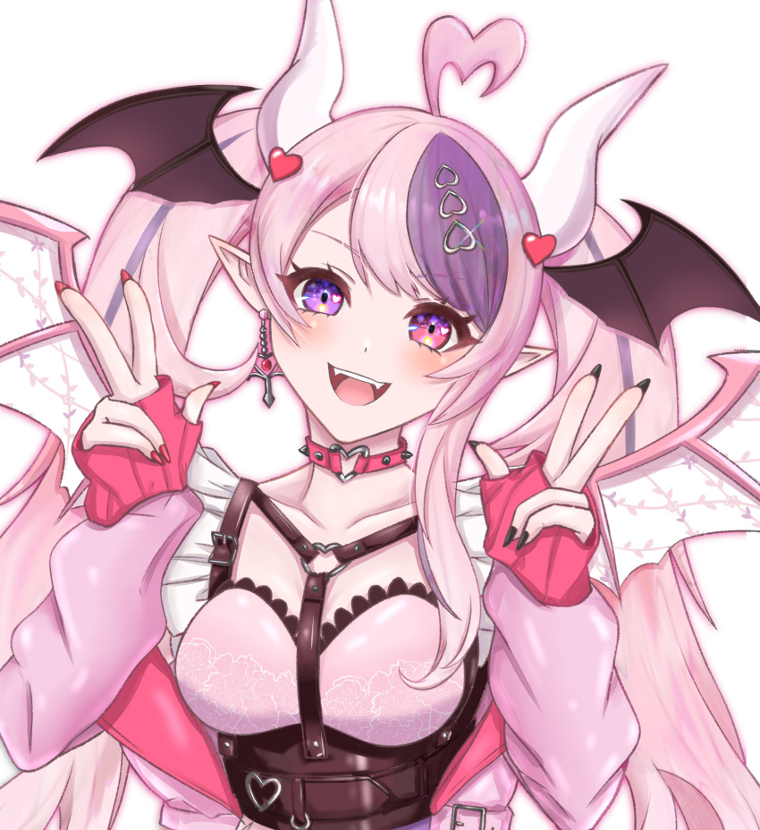 1girl, absurdres, ahoge, black_nails, blush, choker, demon_girl, demon_horns