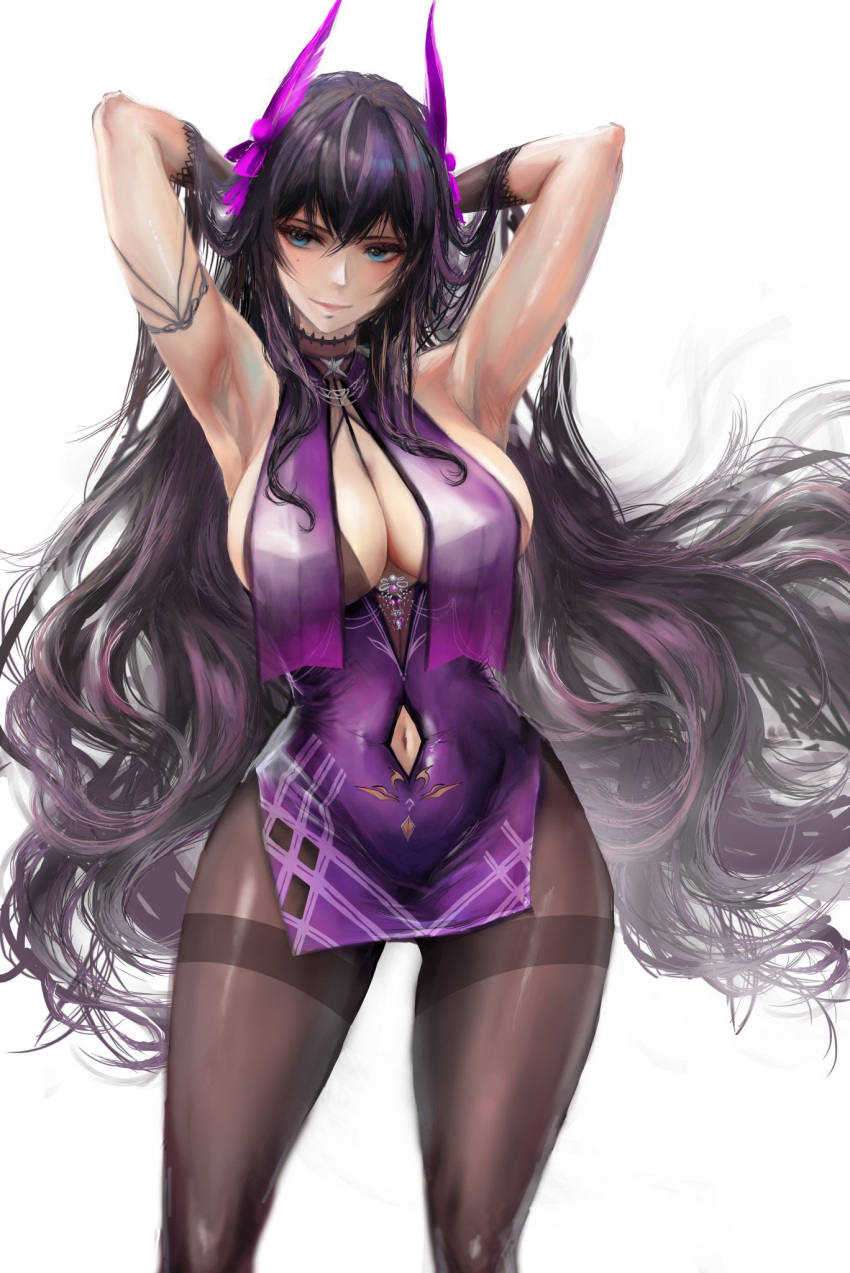 1girl, armpits, arms_behind_head, arms_up, bare_shoulders, black_hair, clothing_cutout, goddess_of_victory:_nikke, harran_(banquet_witch)_(nikke), harran_(nikke), highres, horns, kyel_hyde, long_hair, navel_cutout, pantyhose, simple_background, standing, very_long_hair, white_background
