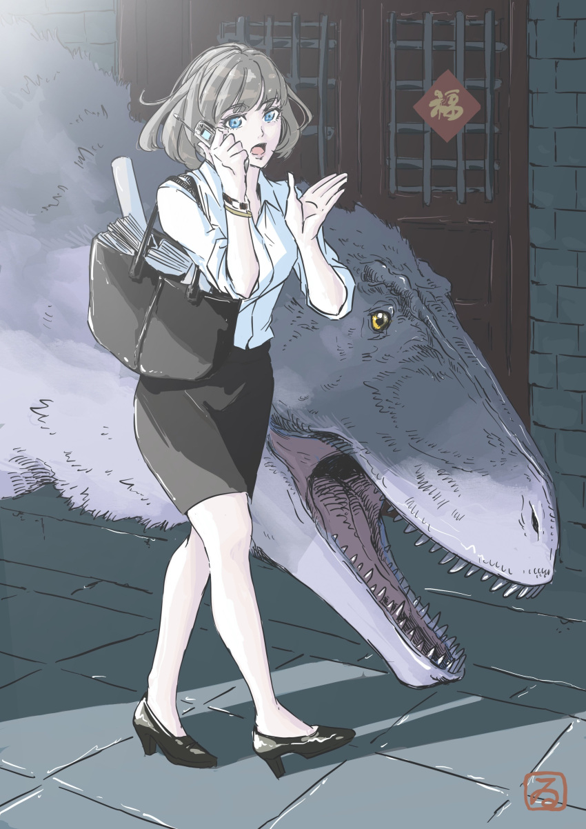 1girl, 1other, absurdres, bag, black_skirt, blue_eyes, book, bracelet, cellphone, dinosaur, door, grey_hair, handbag, high_heels, highres, holding, holding_phone, jewelry, kinoshita_itaru, office_lady, original, paper, phone, skirt, talking_on_phone