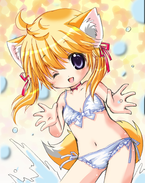 bikini, blonde_hair, blue_eyes, cat_ears, flat_chest, nagano_tsukasa, original, solo