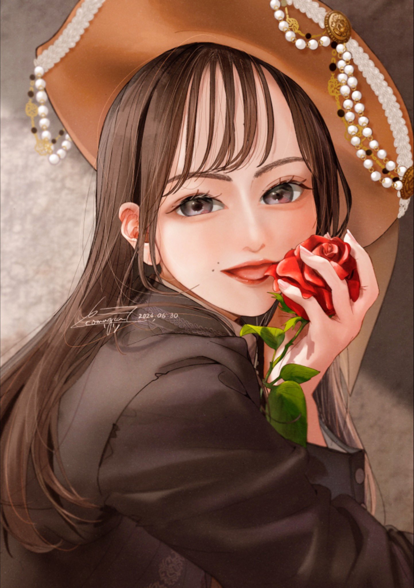 1girl, actor, artist_name, brown_eyes, brown_hair, brown_hat, brown_jacket, commentary_request