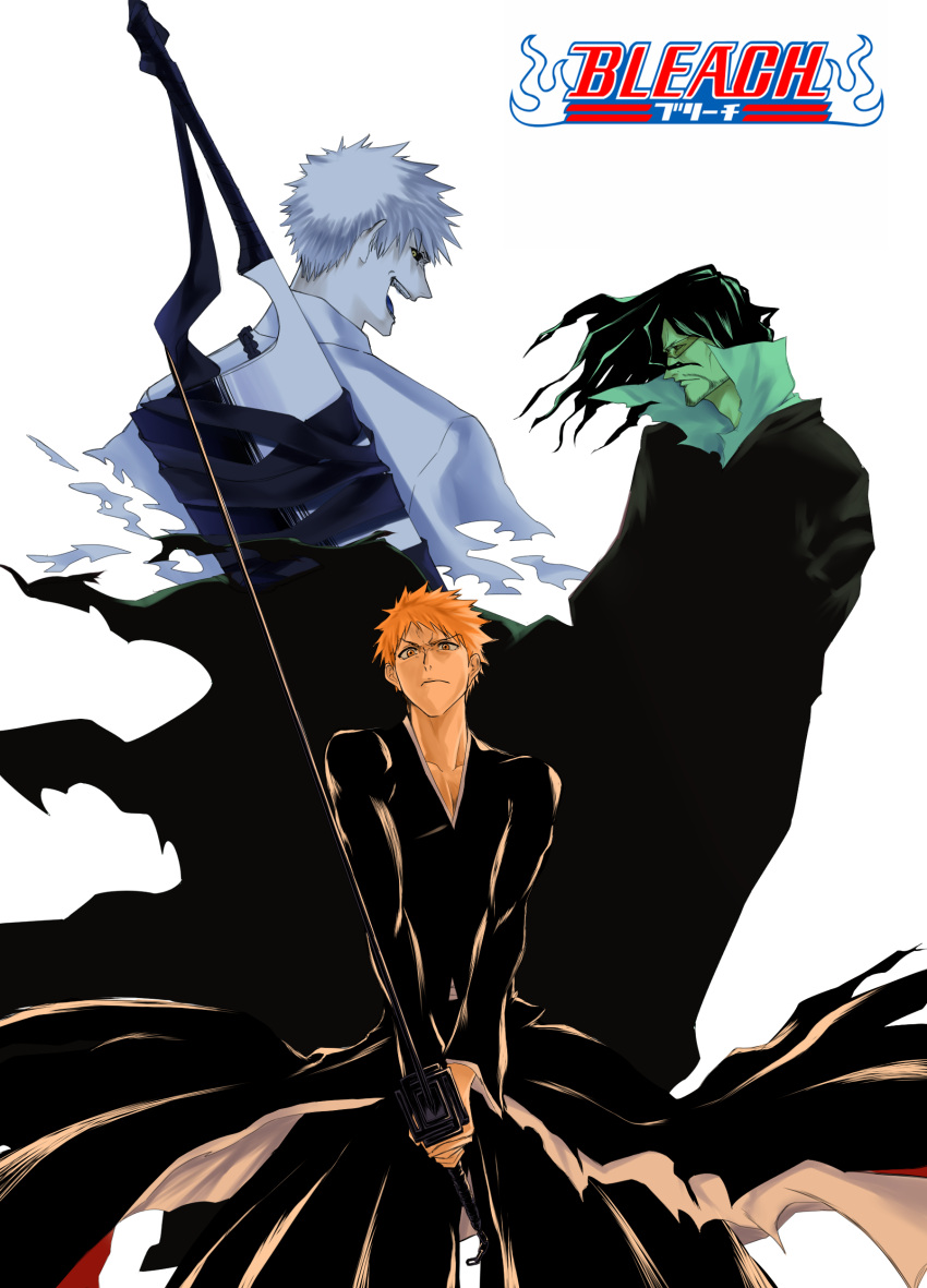 3boys, absurdres, bankai, beard, black_hair, black_hakama, black_sclera, bleach, blue_tongue, closed_mouth, collarbone, colored_sclera, colored_skin, colored_tongue, copyright_name, facial_hair, hair_between_eyes, hakama, high_collar, highres, hip-hop_nyang-i, holding, holding_sword, holding_weapon, hollow_ichigo, japanese_clothes, kurosaki_ichigo, long_sleeves, looking_at_viewer, male_focus, multiple_boys, open_mouth, orange_eyes, orange_hair, spiky_hair, sword, sword_on_back, tensa_zangetsu_(bankai), tinted_eyewear, torn_clothes, two-handed, weapon, weapon_on_back, white_background, white_hair, white_skin, yellow_eyes, zangetsu_(bleach), zangetsu_(shikai), zanpakutou