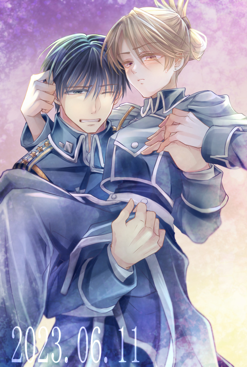 1boy, 1girl, amestris_military_uniform, black_hair, blonde_hair, carrying, carrying_person, clenched_hand, collared_jacket, commentary, cropped_jacket, dated, fullmetal_alchemist, gradient_background, hair_between_eyes, hair_bun, hana_930, highres, jacket, long_sleeves, looking_at_another, looking_at_viewer, one_eye_closed, purple_background, riza_hawkeye, roy_mustang, short_hair, yellow_background