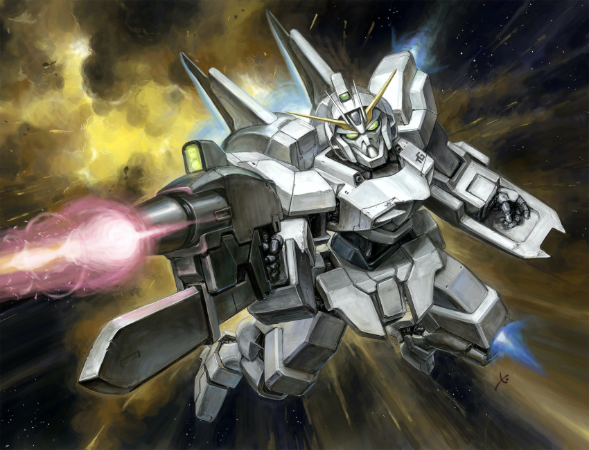 arm_shield, beam_rifle, commentary_request, energy_gun, exhaust, explosion, firing, flying, genoace_custom, green_eyes, gun, gundam, gundam_age, highres, holding, holding_gun, holding_weapon, looking_at_viewer, mecha, mecha_focus, mobile_suit, no_humans, redesign, robot, science_fiction, smoke, solo, space, star_(sky), v-fin, weapon, youkoumori