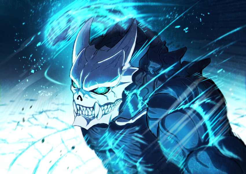 1boy, absurdres, attack, black_skin, blue_eyes, clenched_hand, clenched_teeth, colored_skin, commentary_request, fangs, floating_rock, glowing, glowing_eyes, ground_shatter, hibino_kafka, hibino_kafka_(kaiju_form), highres, horns, imminent_punch, kaijuu, kaijuu_no._8, male_focus, monster_boy, motion_blur, muscular, muscular_male, nkeo, sharp_teeth, solo, teeth, veins, veiny_arms