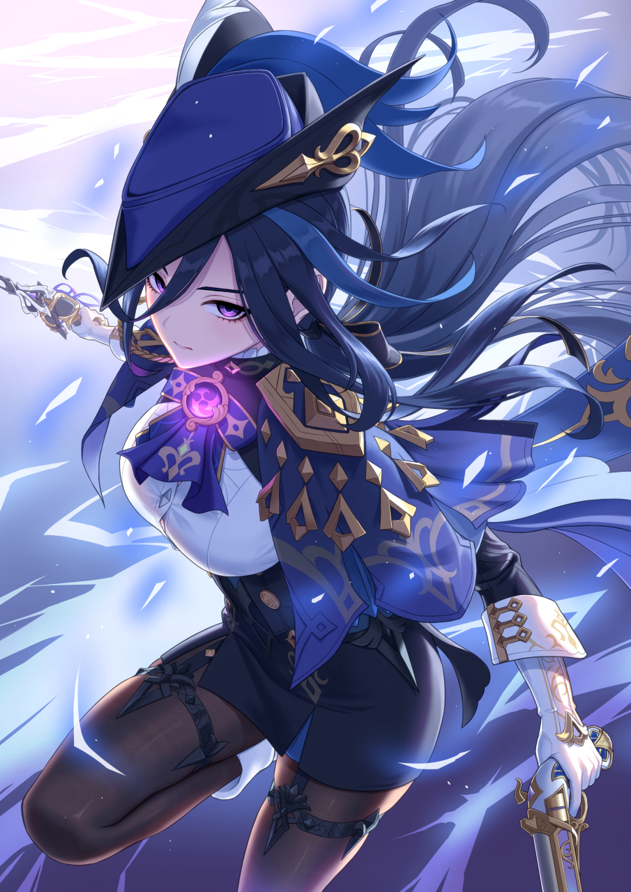 1girl, absolution_(genshin_impact), ascot, black_corset, black_pantyhose, blue_cape, blue_hair, breasts