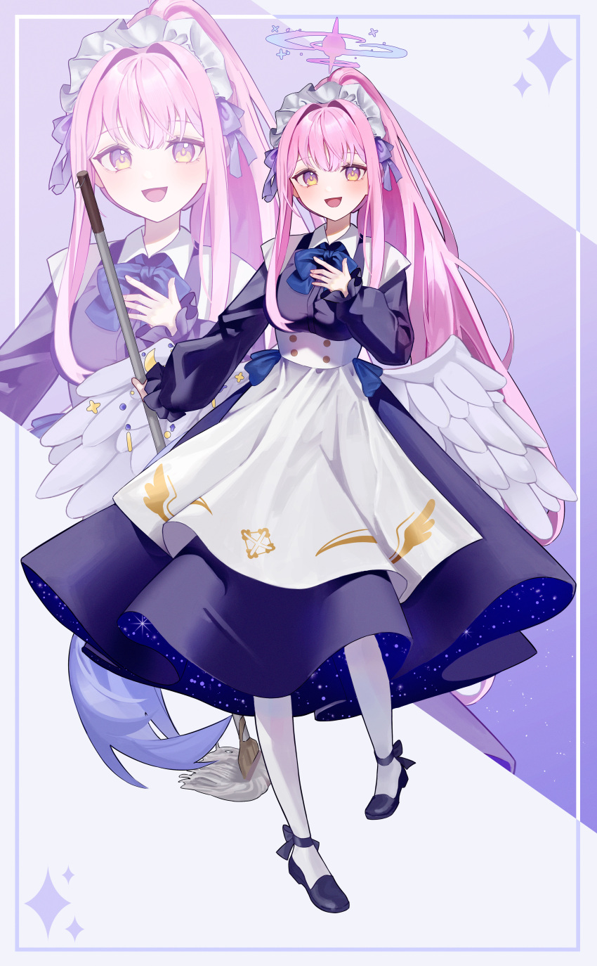 1girl, absurdres, alternate_costume, angel_wings, apron, bimo_(bimo_koa), black_dress, black_footwear