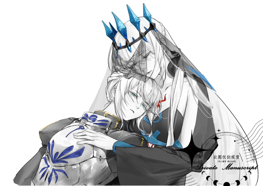 2girls, armor, armored_dress, artoria_pendragon_(fate), braid, breastplate, breasts, chest_tattoo, closed_eyes, commission, crown, fate/grand_order, fate/stay_night, fate_(series), green_eyes, half-closed_eyes, half_updo, hand_on_another's_chest, hand_on_another's_head, head_on_chest, head_rest, highres, hug, hug_from_behind, jiangtazhulan, long_hair, lying_on_person, monochrome, morgan_le_fay_(fate), multiple_girls, partially_colored, red_tattoo, saber_(fate), siblings, simple_background, sisters, tattoo, updo, veil, white_background