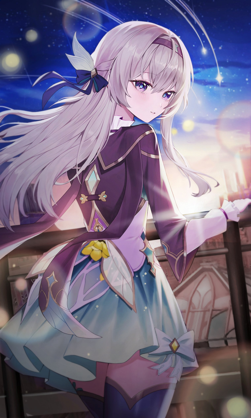 1girl, absurdres, aqua_skirt, black_hairband, collared_shirt, cropped_jacket, firefly_(honkai:_star_rail), frilled_sleeves