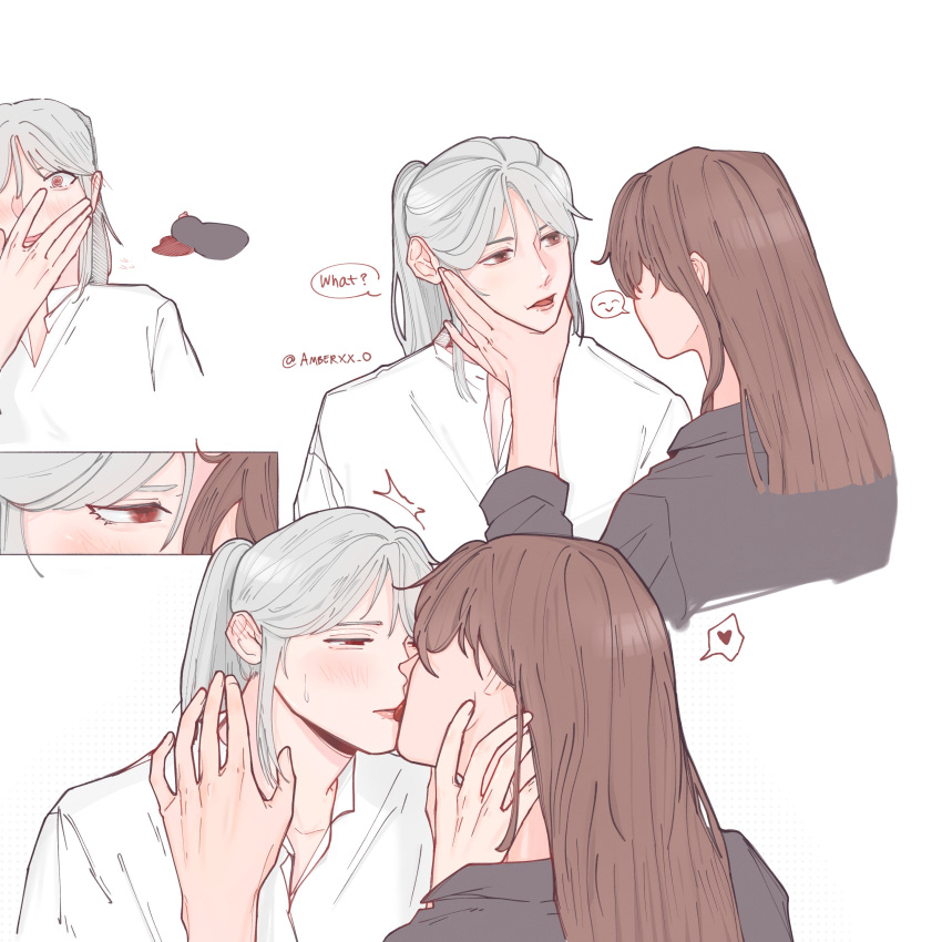 2girls, absurdres, amberx_08, beidou_(genshin_impact), black_shirt, blush, brown_hair, collared_shirt, commentary, english_commentary, english_text, genshin_impact, hand_on_own_face, heart, highres, kiss, licking, licking_another's_face, licking_another's_lips, long_hair, multiple_girls, ningguang_(genshin_impact), parted_lips, red_eyes, shirt, simple_background, smile, speech_bubble, spoken_expression, spoken_heart, twitter_username, white_background, white_hair, yuri