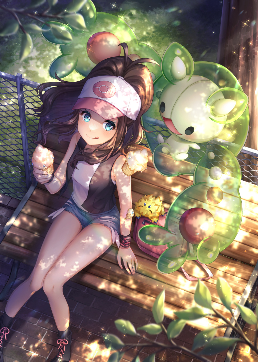 1girl, :q, absurdres, baseball_cap, black_footwear, black_socks, black_vest, blue_eyes